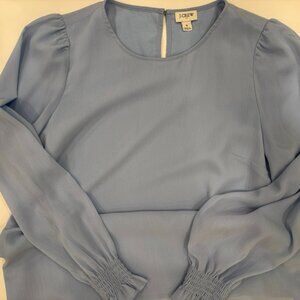 J Crew Factory Women Long Sleeve Top Small Smocked Cuffs Chiffon Preppy Blue